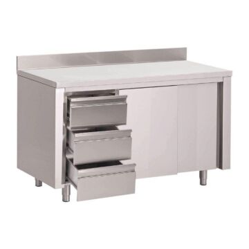 Gastro M RVS werktafel met 3 laden, schuifdeuren en achteropstand 85x120x70cm