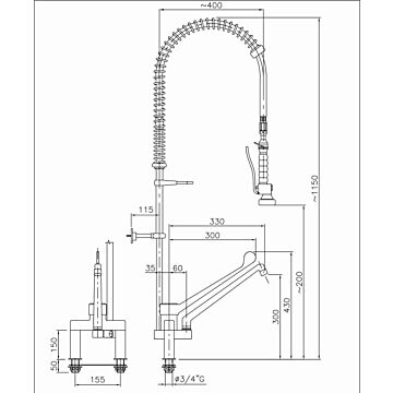 Spoeldouche Combisteel, elleboogbediening, Wateraansluiting (Inch): 3/4