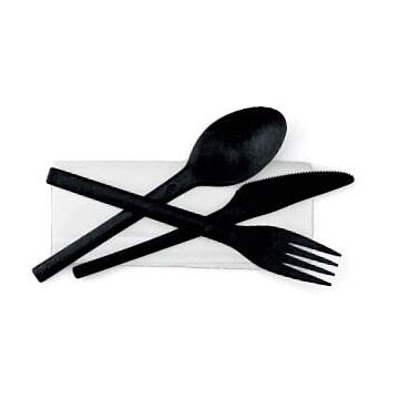 Sier Disposables Refork bestekset vork mes lepel zwart met wit servet in papieren zakken, 12 zakken van 30 sets stuks