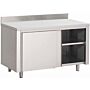 Werkbank Gastro M, RVS, tussenschap, schuifdeuren, achteropstand, 150(b)x85(h)x70(d)