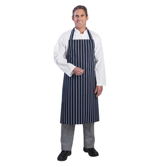 Schort Whites Chefs Clothing, halterschort, blauw/wit, lang, zonder zak, poly/ktn, 97x71cm