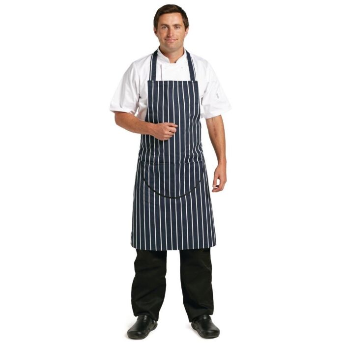 Schort Whites Chefs Clothing, halterschort, blauw/wit, lang, met zak, poly/ktn, 97x71cm