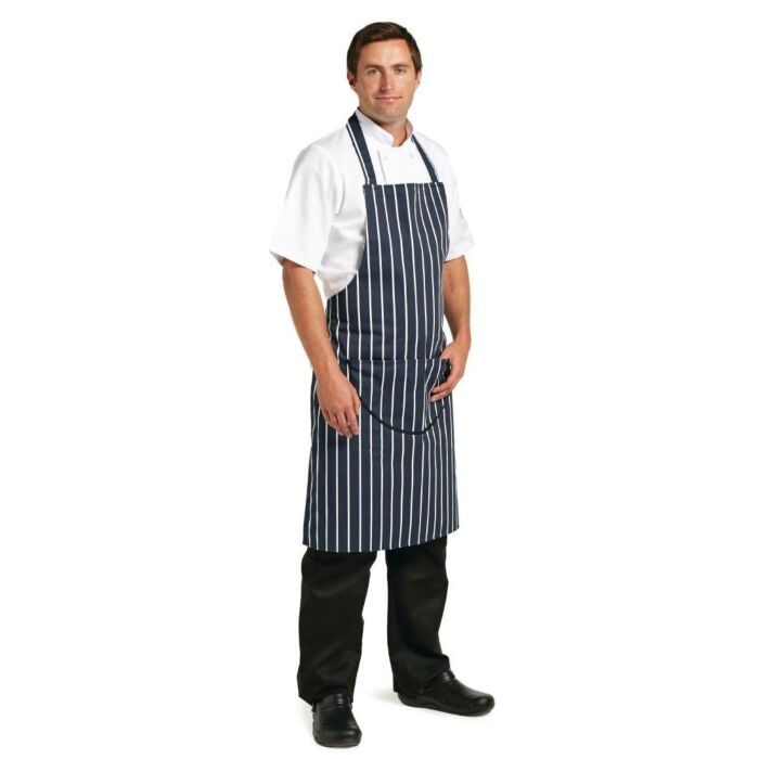 Schort Whites Chefs Clothing, halterschort, blauw/wit, lang, met zak, poly/ktn, 97x71cm