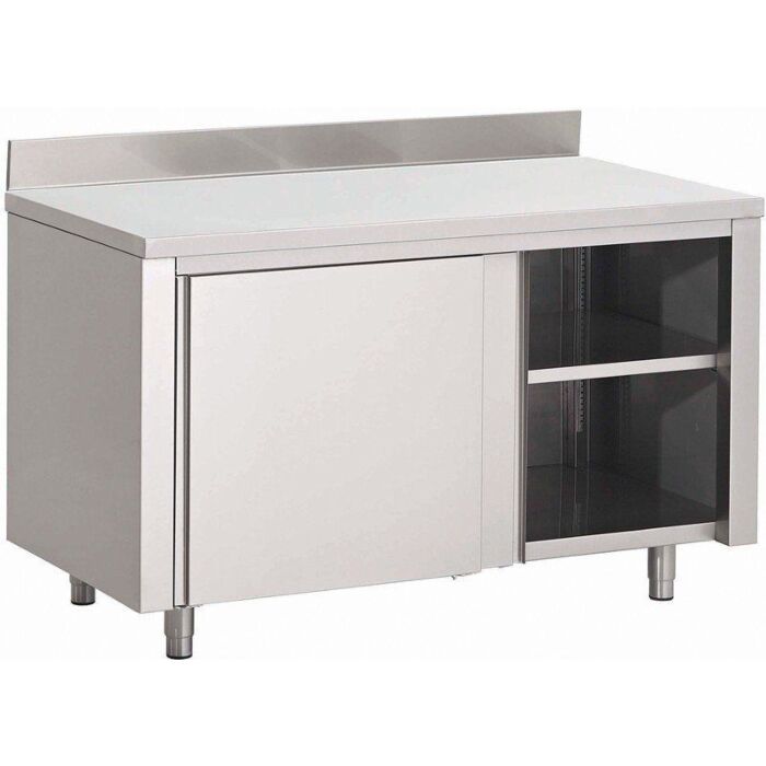 Werkbank Gastro M, RVS, tussenschap, schuifdeuren, achteropstand, 150(b)x85(h)x70(d)