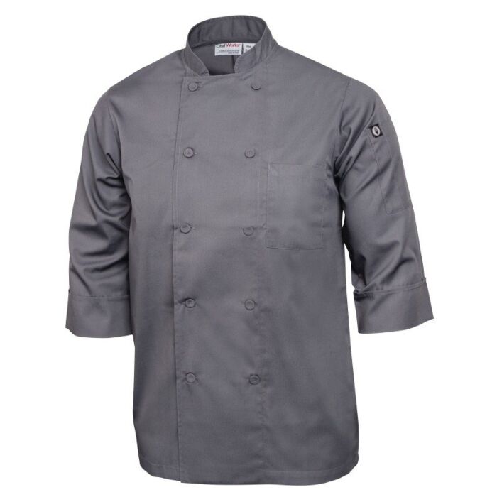 Koksbuis Chef Works, Lite, 3/4 mouw, grijs, poly/ktn, unisex, dubbele sluiting, stoffen knopen, 175 g/m2