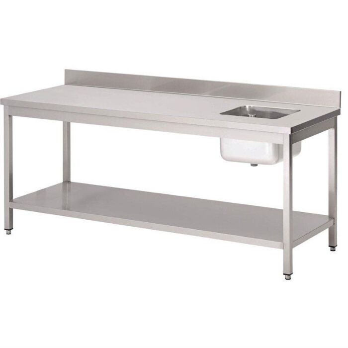 Gastro M RVS cheftafel met spoelbak rechts en achteropstand, 200(B)x70(D)x85(H)cm