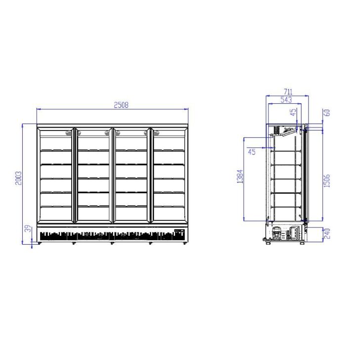 Koelkast Combisteel Jde-2025R, Glasdeuren, 2025L, 250,8(b)x199,7(h)x71(d), 230V/920W