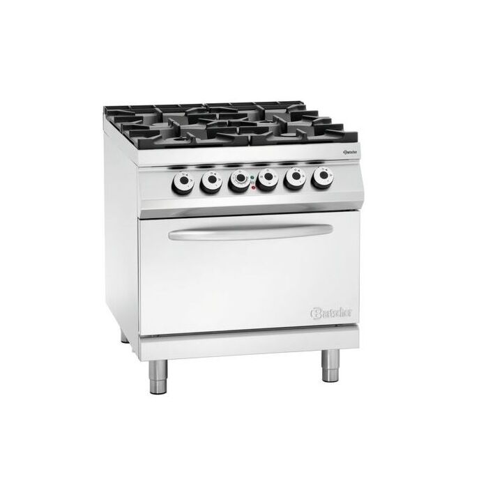 Gasfornuis Bartscher, 4 branders met elektrische oven GN2/1, 80(b)x90-95(h)x90(d)cm, 400V/5,6kW, gas:24,5kW