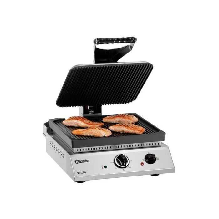 Contactgrill Bartscher, enkel, geribbeld/geribbeld,  vetopvang, 47(b)x24(h)x38(d), 230V/3000W