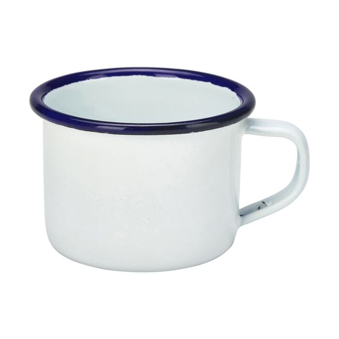 Emaille mini mok met blauwe rand 120 ml, doos van 12 stuks