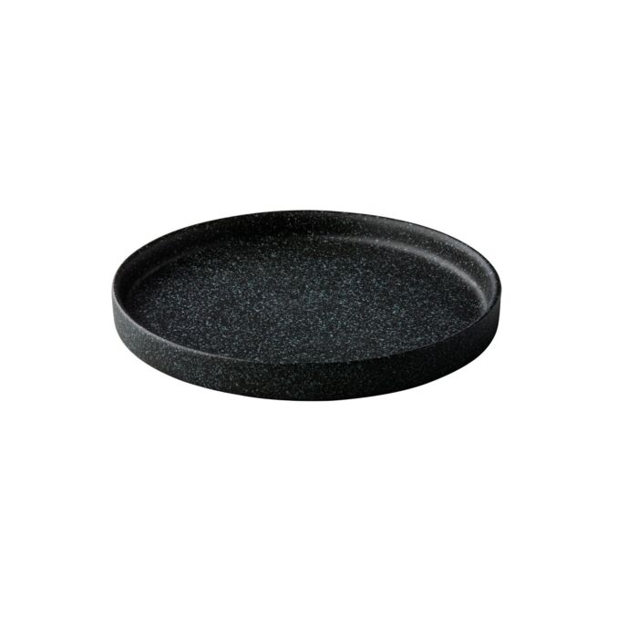 Bord opstaande rand zwart met blauwe spikkels 22cm, doos van 12 stuks