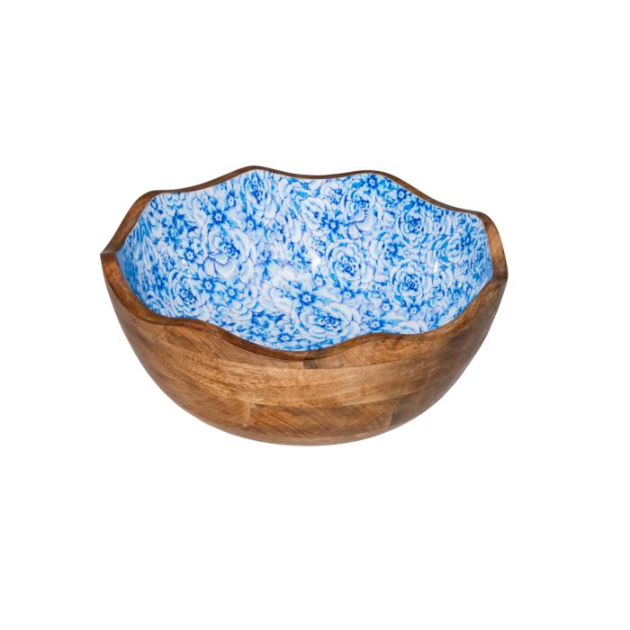 Houten kom blauwe bloem Ø30x11 cm, doos van 1 stuks