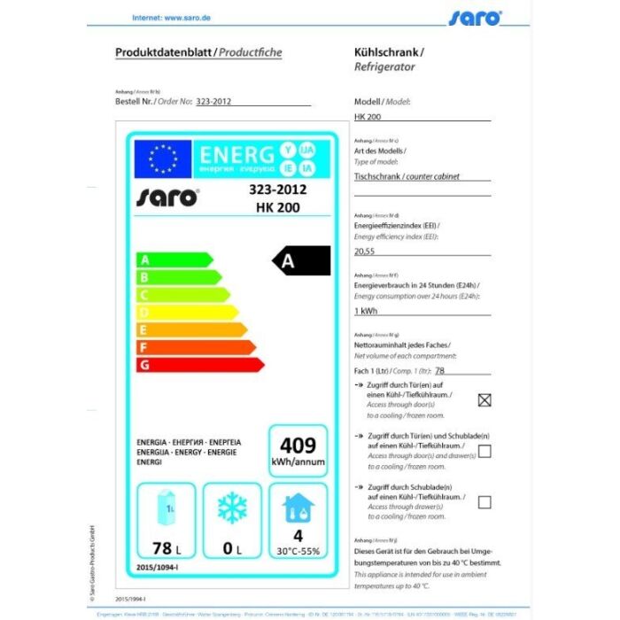 Koelkast Saro, Basic, 130L, 60(b)x85(h)x60(d), 230V/120W