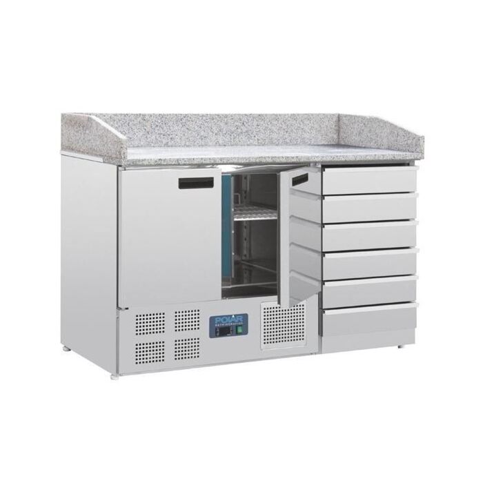 Polar pizza werkbank met marmeren blad en deeglades 257ltr, 106(h) x 142(b) x 70(d)cm