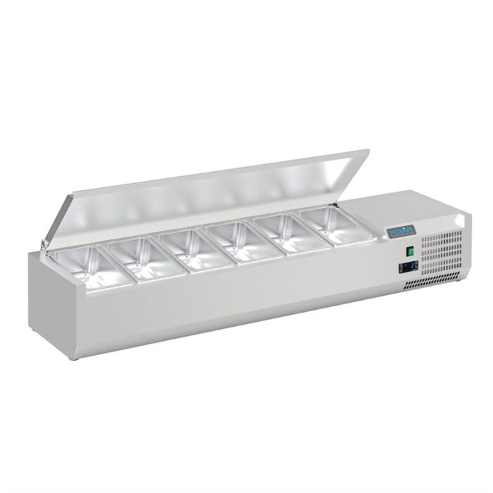 Polar G-serie opzetkoelvitrine met deksel 6x GN 1/4, 140(b)x33x(d)43,5(h)cm, 230V/110W